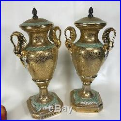 Pair of Le Mieux China 24k Gold Hand Painted Old Paris Porcelain Style Urns Vase