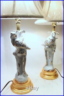 Pair of White and Gold Porcelain Bird Figurine Candle Stick Holder Table Lamp