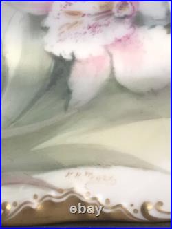 Pair of antique porcelain plate/Limoges/Signed/Flowers/orchids/France1900/Gold