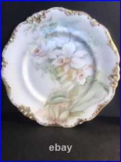 Pair of antique porcelain plate/Limoges/Signed/Flowers/orchids/France1900/Gold