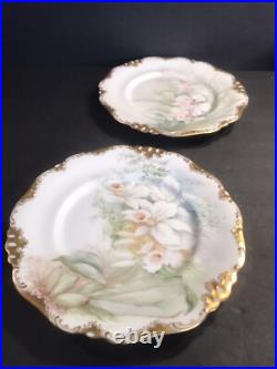 Pair of antique porcelain plate/Limoges/Signed/Flowers/orchids/France1900/Gold