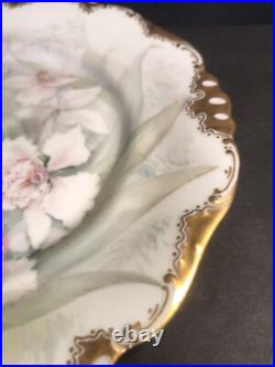 Pair of antique porcelain plate/Limoges/Signed/Flowers/orchids/France1900/Gold