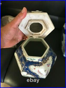 Pair of hexagonal blue white gold porcelain lidded urns vase birds butterflies