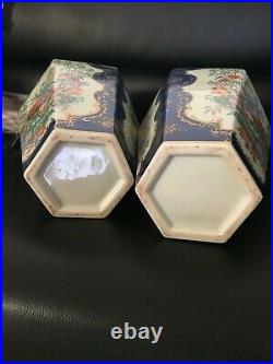 Pair of hexagonal blue white gold porcelain lidded urns vase birds butterflies