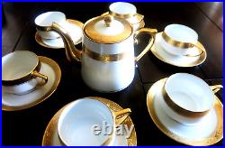 Pickard China Gold Etched Tea Set Pitcher with6 Cup & Saucers
