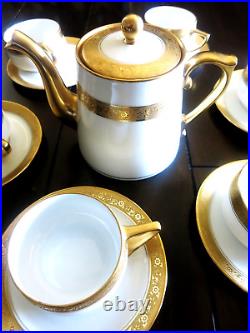 Pickard China Gold Etched Tea Set Pitcher with6 Cup & Saucers