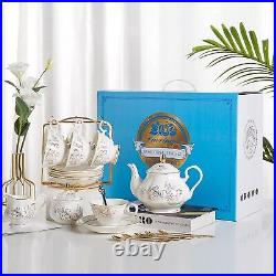Porcelain Bone china Tea Gold Rim Coffee Set Golden Rack Cups Saucers Spoons Te