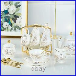 Porcelain Bone china Tea Gold Rim Coffee Set Golden Rack Cups Saucers Spoons Te