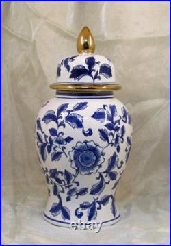 Porcelain China Temple Jar Blue on White Gold Trim Porcelain China Temple Jar Blue on White Gold Trim
