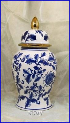 Porcelain China Temple Jar Blue on White Gold Trim Porcelain China Temple Jar Blue on White Gold Trim