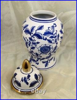 Porcelain China Temple Jar Blue on White Gold Trim Porcelain China Temple Jar Blue on White Gold Trim