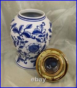 Porcelain China Temple Jar Blue on White Gold Trim Porcelain China Temple Jar Blue on White Gold Trim