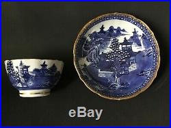 Porcelain Cobalt Blue White Gold Trim Footed Tea Cup Saucer Bowl Chinese Antique
