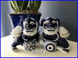 Porcelain Foo Dogs Gorgeous Blue, Gold and White Made in Japan