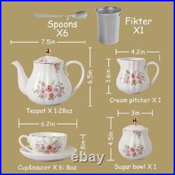 Porcelain Tea Set British Royal Series, 8 OZ Cups & Saucers Service for 6, Teapo