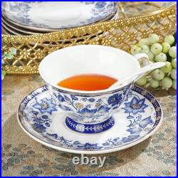 Porcelain Tea Sets, Blue British Coffee Cups& Saucer Service for 6, with Teapot, S