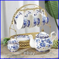 Porcelain Tea Sets, Blue British Coffee Cups& Saucer Service for 6, with Teapot, S
