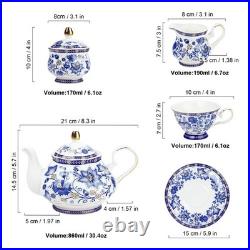 Porcelain Tea Sets, Blue British Coffee Cups& Saucer Service for 6, with Teapot, S