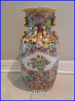 Pottery Porcelain Vase 14.5h Antique Vintage Large Chinese Painted Gold Gilt