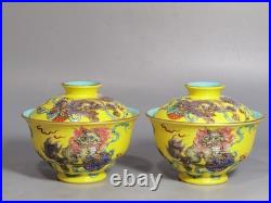 Qianlong Marked Colour Enamel Porcelain Gild Lion Tea Cup Covered Bowl Pair