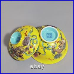 Qianlong Marked Colour Enamel Porcelain Gild Lion Tea Cup Covered Bowl Pair