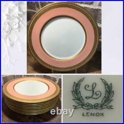 RARE Antique Set of 9 Lenox Pink Dinner Plate with3Gold Greek Key Trim Green Stamp RARE Antique Set of 9 Lenox Pink Dinner Plate with3Gold Greek Key Trim Green Stamp