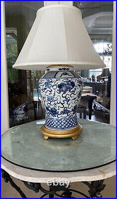 Ralph Lauren Foo Dog Medium Table Lamp In Blue And White Porcelain with Silk Shade