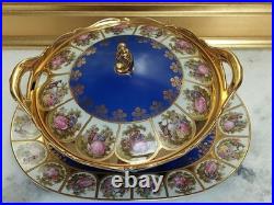Rare Bareuther Waldsassen Bavaria Germany Serving Bowl Lid Plate Blue Gold Set
