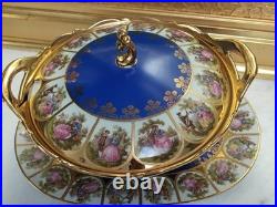 Rare Bareuther Waldsassen Bavaria Germany Serving Bowl Lid Plate Blue Gold Set