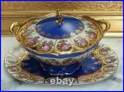 Rare Bareuther Waldsassen Bavaria Germany Serving Bowl Lid Plate Blue Gold Set