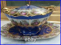 Rare Bareuther Waldsassen Bavaria Germany Serving Bowl Lid Plate Blue Gold Set
