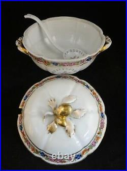 Rare Chinese Export Shaped Tureen Floral & 23k Gold Trim. 18th c. Original Ladle