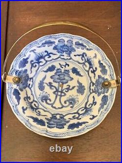 Rare Chinese Qing Kangxi White-Blue Porcelain DIsh/Plate w Gilded Silver Handle