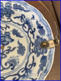 Rare Chinese Qing Kangxi White-Blue Porcelain DIsh/Plate w Gilded Silver Handle