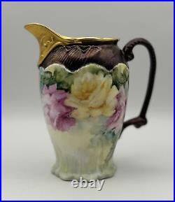 Rare Hand-Painted Porcelain Pitcher with Roses & Gold Accents, Signed by Phyllis