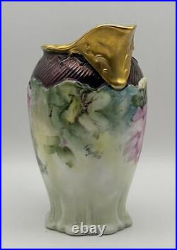 Rare Hand-Painted Porcelain Pitcher with Roses & Gold Accents, Signed by Phyllis