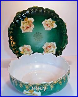 Rare ZS & Co Bavaria Rose Bowl & Underplate Set Antique Green & Gold Porcelain