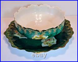 Rare ZS & Co Bavaria Rose Bowl & Underplate Set Antique Green & Gold Porcelain