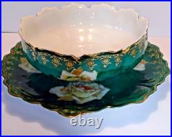 Rare ZS & Co Bavaria Rose Bowl & Underplate Set Antique Green & Gold Porcelain