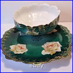 Rare ZS & Co Bavaria Rose Bowl & Underplate Set Antique Green & Gold Porcelain