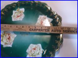 Rare ZS & Co Bavaria Rose Bowl & Underplate Set Antique Green & Gold Porcelain