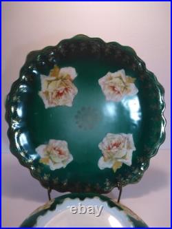 Rare ZS & Co Bavaria Rose Bowl & Underplate Set Antique Green & Gold Porcelain