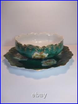 Rare ZS & Co Bavaria Rose Bowl & Underplate Set Antique Green & Gold Porcelain