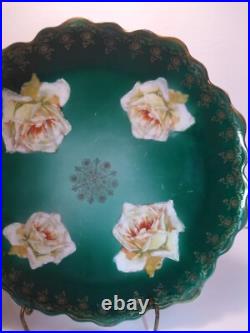 Rare ZS & Co Bavaria Rose Bowl & Underplate Set Antique Green & Gold Porcelain