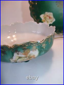 Rare ZS & Co Bavaria Rose Bowl & Underplate Set Antique Green & Gold Porcelain