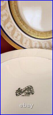 Rosedale China Gold Gilt White Cobalt Blue Rings Dinner Plates 10-3/4 Set of 12