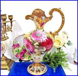Royal Kinran Nippon cabbage rose mums vase Pitcher Urn thick gold