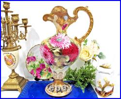 Royal Kinran Nippon cabbage rose mums vase Pitcher Urn thick gold