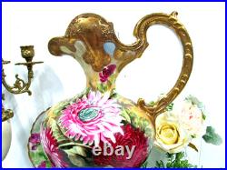 Royal Kinran Nippon cabbage rose mums vase Pitcher Urn thick gold