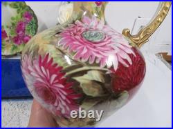 Royal Kinran Nippon cabbage rose mums vase Pitcher Urn thick gold